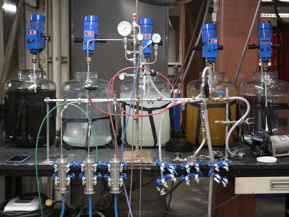 "Experimental set-up in Sarma Pisupati's lab for extracting and separating critical minerals from acid mine drainage. Credit: Patrick Mansell. All Rights Reserved."